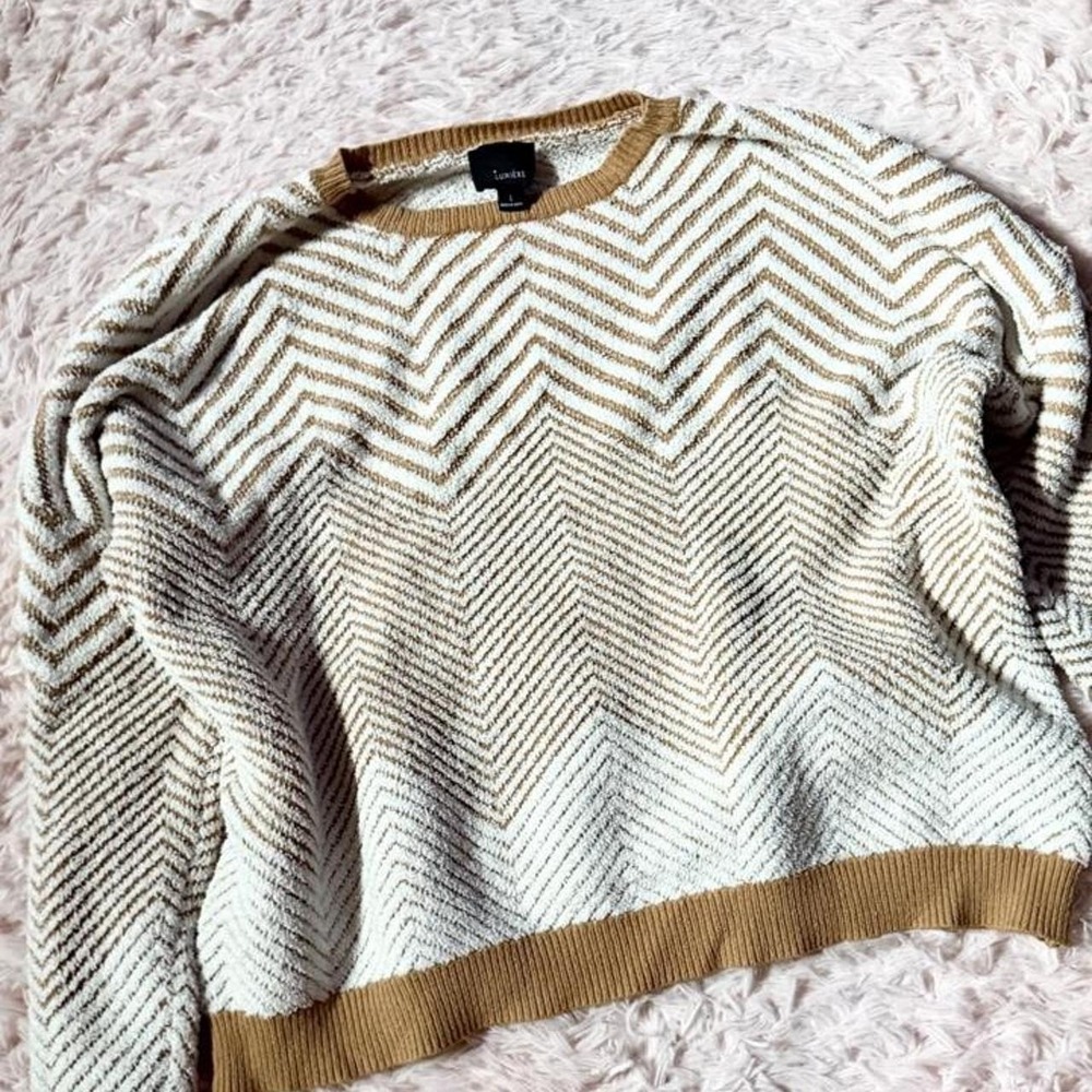 Oversized Earthy Chevron Indie Neutral Cropped Sweater Women L Hipster Lagenlook